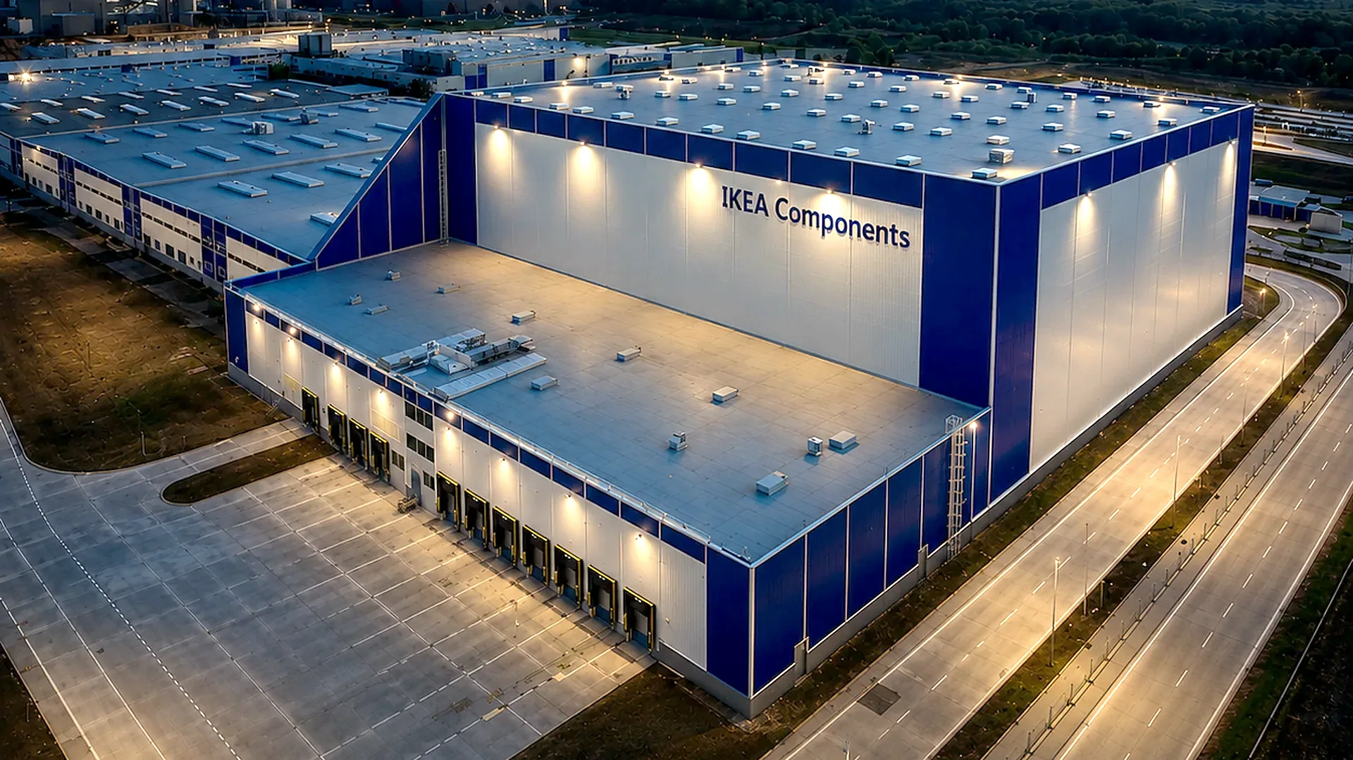 Priemyselný areál IKEA Components — nočný letecký pohľad na výrobnú a skladovú halu